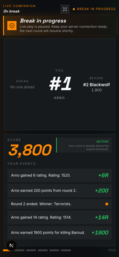 Phone companion showing the You screen with rank, score, status, and personal live events